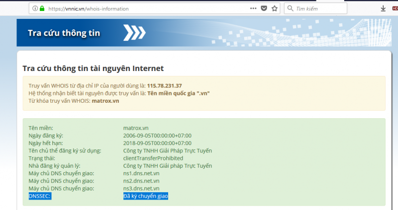 Thông tin whois trên mạng Internet khi tên miền được ký DNSSEC thành công.