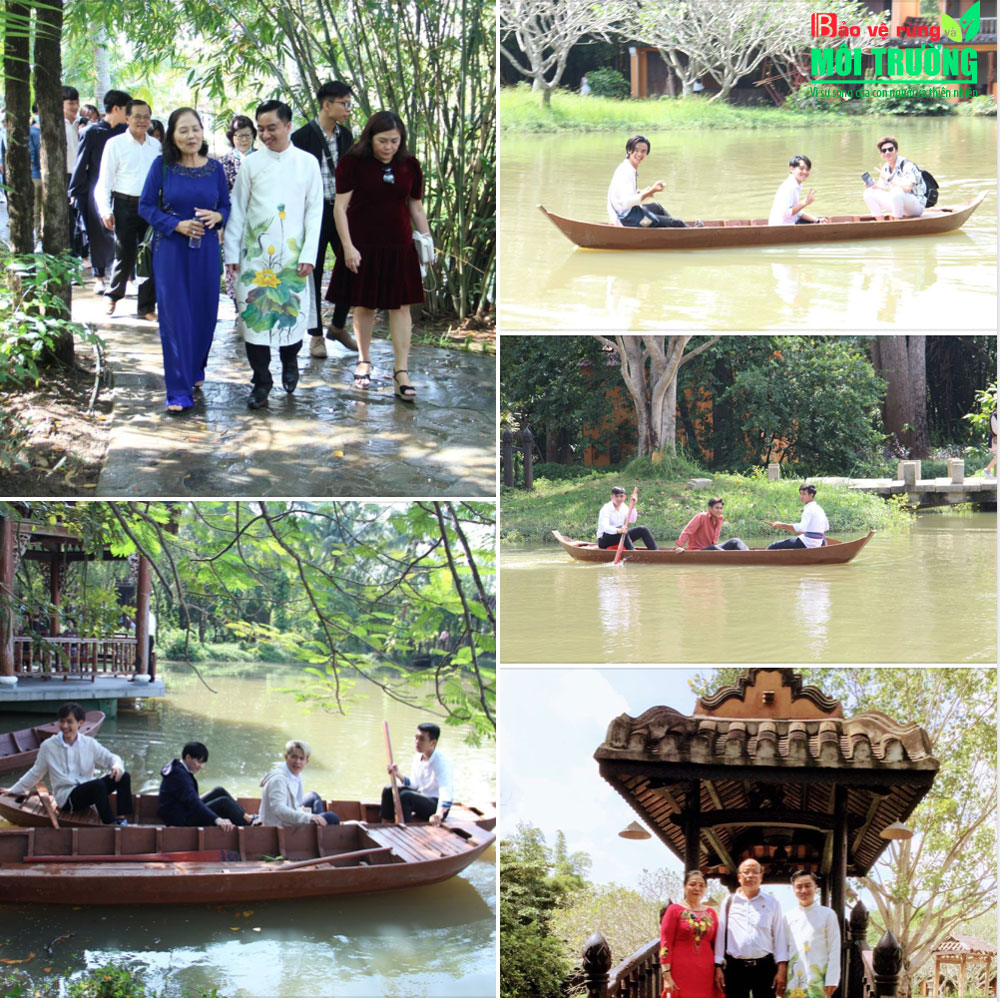 Thanh niên 03 nước và các quan khách cùng khám phá vẻ đẹp của không gian văn hóa Việt sang trọng đậm chất thiên nhiên , sâu lắng truyền thống được tôn tạo từ bốn bề sông nước trong khuôn viên Bảo tàng Áo Dài Việt Nam.