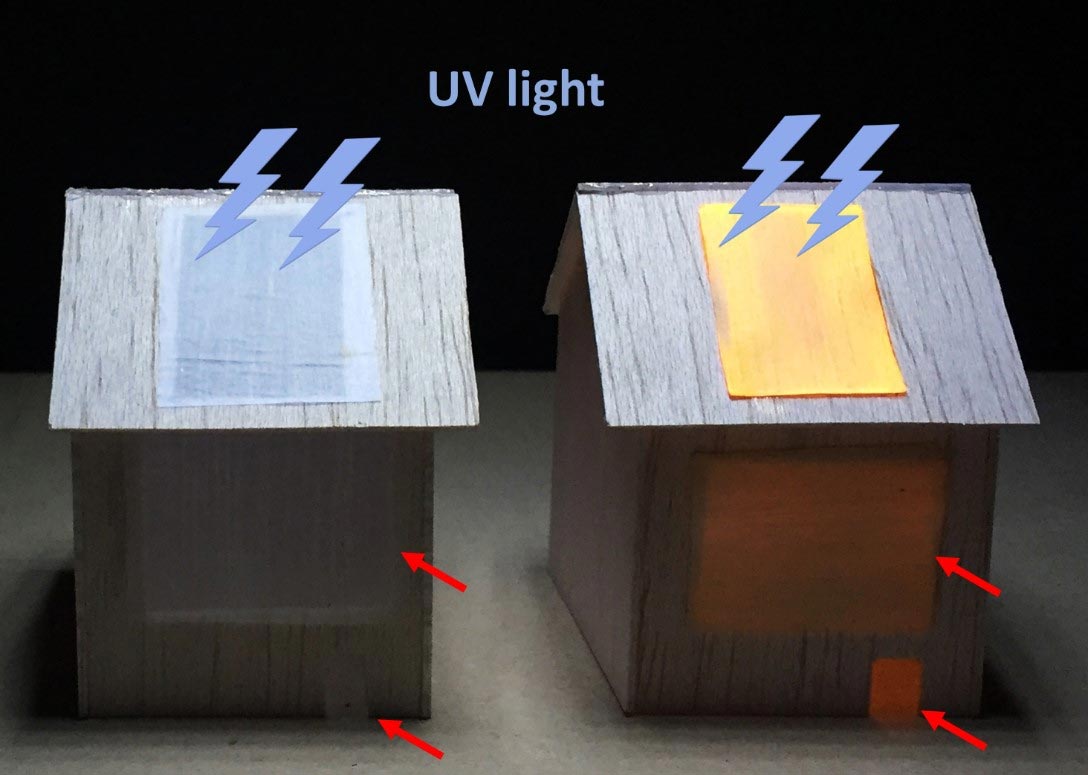 Khi tiếp xúc với ánh sáng tia cực tím bên ngoài, tấm gỗ phát quang (bên phải) sẽ thắp sáng không gian trong ngôi nhà đồ chơi, trong khi tấm không phát quang (bên trái) thì không. Ảnh: Phỏng theo ACS Nano.